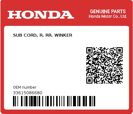 Product image: Honda - 33615086680 - SUB CORD, R. RR. WINKER  0