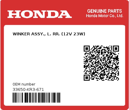 Product image: Honda - 33650-KR3-671 - WINKER ASSY., L. RR. (12V 23W) 