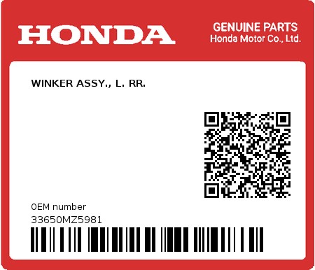 Product image: Honda - 33650MZ5981 - WINKER ASSY., L. RR.  0