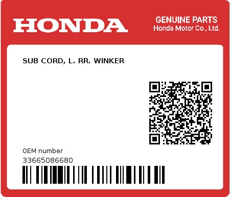 Product image: Honda - 33665086680 - SUB CORD, L. RR. WINKER  0