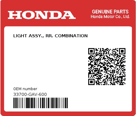 Product image: Honda - 33700-GAV-600 - LIGHT ASSY., RR. COMBINATION  0