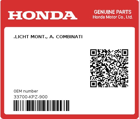 Product image: Honda - 33700-KPZ-900 - .LICHT MONT., A. COMBINATI 