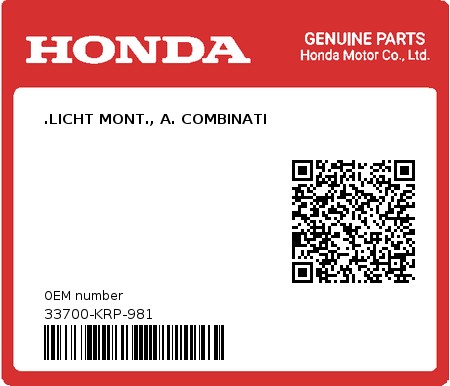 Product image: Honda - 33700-KRP-981 - .LICHT MONT., A. COMBINATI  0