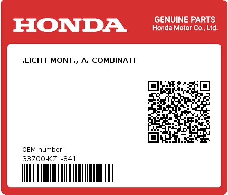 Product image: Honda - 33700-KZL-841 - .LICHT MONT., A. COMBINATI 