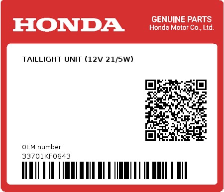 Product image: Honda - 33701KF0643 - TAILLIGHT UNIT (12V 21/5W)  0