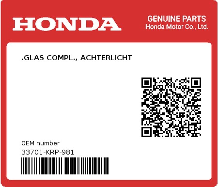 Product image: Honda - 33701-KRP-981 - .GLAS COMPL., ACHTERLICHT  0