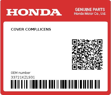 Product image: Honda - 33721KZL931 - COVER COMP,LICENS  0