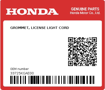 Product image: Honda - 33725KGAE00 - GROMMET, LICENSE LIGHT CORD 