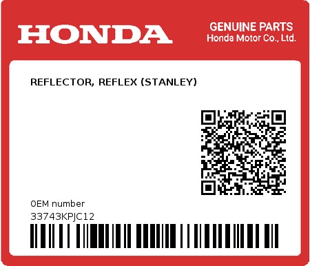 Product image: Honda - 33743KPJC12 - REFLECTOR, REFLEX (STANLEY)  0