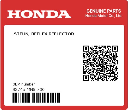 Product image: Honda - 33745-MN9-700 - .STEUN, REFLEX REFLECTOR  0