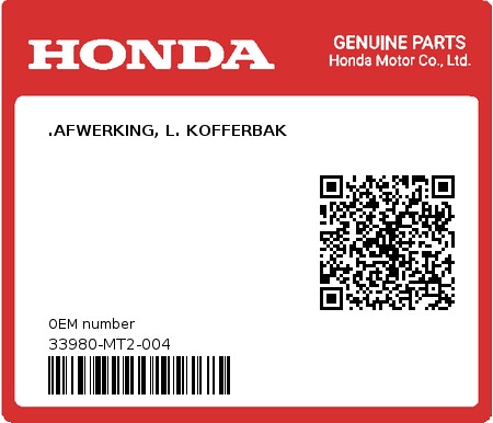 Product image: Honda - 33980-MT2-004 - .AFWERKING, L. KOFFERBAK  0