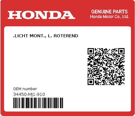 Product image: Honda - 34450-MJ1-910 - .LICHT MONT., L. ROTEREND  0