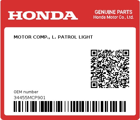 Product image: Honda - 34455MCP901 - MOTOR COMP., L. PATROL LIGHT 