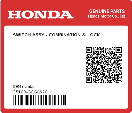 Product image: Honda - 35100-GCG-W20 - SWITCH ASSY., COMBINATION & LOCK 