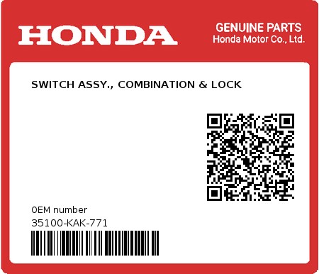 Product image: Honda - 35100-KAK-771 - SWITCH ASSY., COMBINATION & LOCK  0