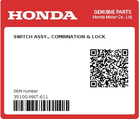 Product image: Honda - 35100-MAT-611 - SWITCH ASSY., COMBINATION & LOCK  0