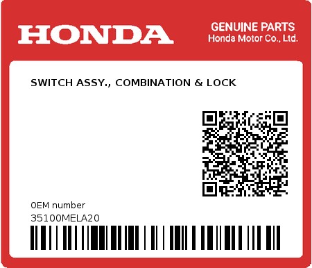 Product image: Honda - 35100MELA20 - SWITCH ASSY., COMBINATION & LOCK 