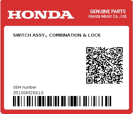 Product image: Honda - 35100MZ6610 - SWITCH ASSY., COMBINATION & LOCK  0