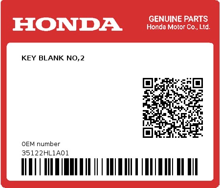 Product image: Honda - 35122HL1A01 - KEY BLANK NO,2  0