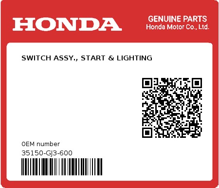 Product image: Honda - 35150-GJ3-600 - SWITCH ASSY., START & LIGHTING  0