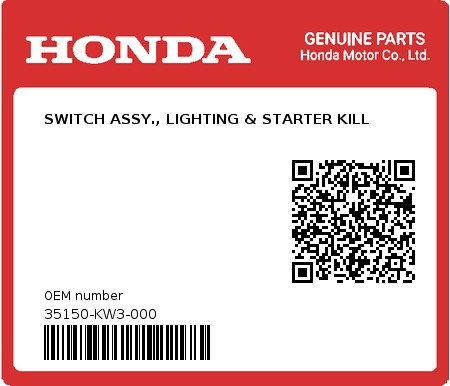 Product image: Honda - 35150-KW3-000 - SWITCH ASSY., LIGHTING & STARTER KILL  0