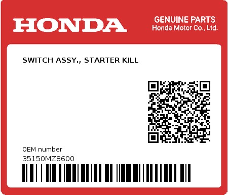 Product image: Honda - 35150MZ8600 - SWITCH ASSY., STARTER KILL  0