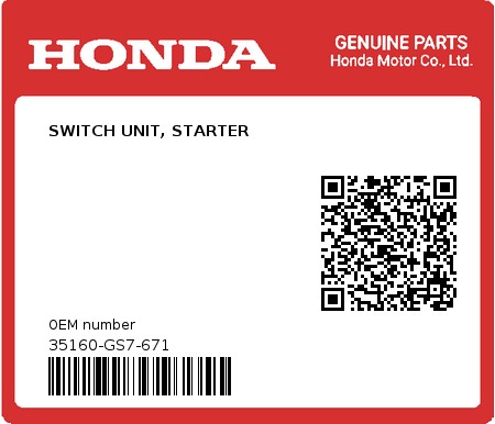 Product image: Honda - 35160-GS7-671 - SWITCH UNIT, STARTER  0