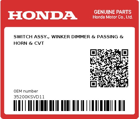 Product image: Honda - 35200KSVD11 - SWITCH ASSY., WINKER DIMMER & PASSING & HORN & CVT 