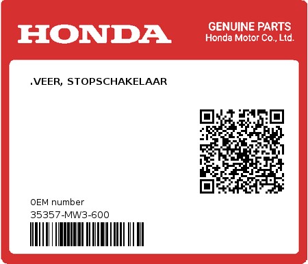 Product image: Honda - 35357-MW3-600 - .VEER, STOPSCHAKELAAR  0