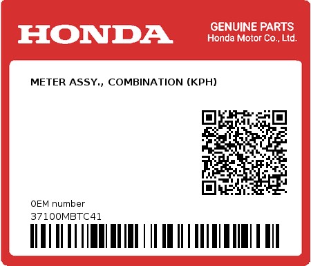 Product image: Honda - 37100MBTC41 - METER ASSY., COMBINATION (KPH)  0