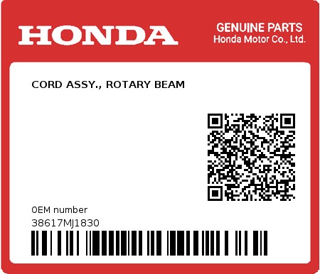 Product image: Honda - 38617MJ1830 - CORD ASSY., ROTARY BEAM  0