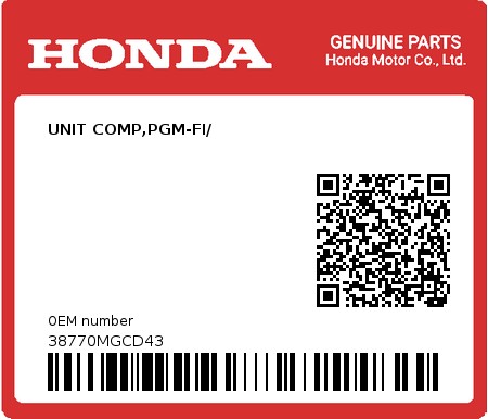 Product image: Honda - 38770MGCD43 - UNIT COMP,PGM-FI/  0