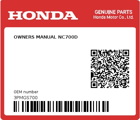 Product image: Honda - 3PMGS700 - OWNERS MANUAL NC700D  0