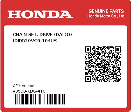 Product image: Honda - 40530-KBG-416 - CHAIN SET, DRIVE (DAIDO) (DID520VC6-104LE)  0