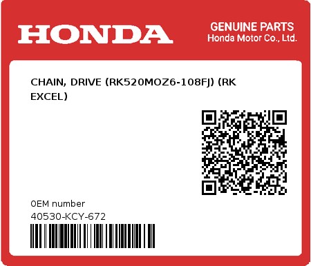 Product image: Honda - 40530-KCY-672 - CHAIN, DRIVE (RK520MOZ6-108FJ) (RK EXCEL)  0