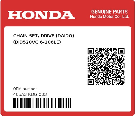 Product image: Honda - 405A3-KBG-003 - CHAIN SET, DRIVE (DAIDO) (DID520VC.6-106LE)  0