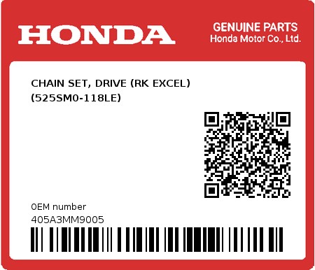 Product image: Honda - 405A3MM9005 - CHAIN SET, DRIVE (RK EXCEL) (525SM0-118LE)  0