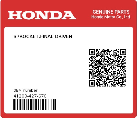 Product image: Honda - 41200-427-670 - SPROCKET,FINAL DRIVEN 