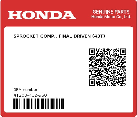 Product image: Honda - 41200-KC2-960 - SPROCKET COMP., FINAL DRIVEN (43T) 