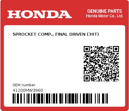 Product image: Honda - 41200MW3960 - SPROCKET COMP., FINAL DRIVEN (39T) 