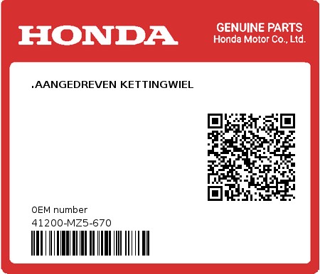 Product image: Honda - 41200-MZ5-670 - .AANGEDREVEN KETTINGWIEL  0