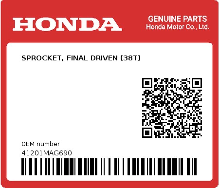 Product image: Honda - 41201MAG690 - SPROCKET, FINAL DRIVEN (38T) 