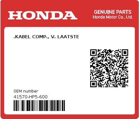 Product image: Honda - 41570-HP5-600 - .KABEL COMP., V. LAATSTE  0