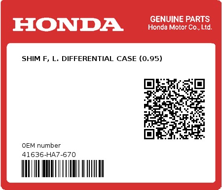 Product image: Honda - 41636-HA7-670 - SHIM F, L. DIFFERENTIAL CASE (0.95) 