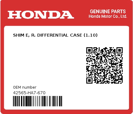 Product image: Honda - 42565-HA7-670 - SHIM E, R. DIFFERENTIAL CASE (1.10) 