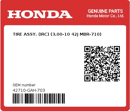 Product image: Honda - 42710-GAH-703 - TIRE ASSY. (IRC) (3.00-10 42J MBR-710) 