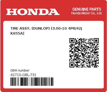 Product image: Honda - 42710-GBL-731 - TIRE ASSY. (DUNLOP) (3.00-10 4PR/42J K655A) 