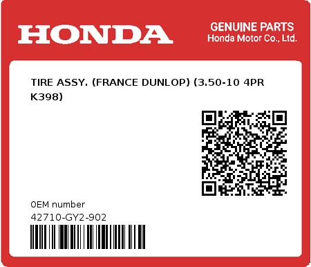 Product image: Honda - 42710-GY2-902 - TIRE ASSY. (FRANCE DUNLOP) (3.50-10 4PR K398)  0
