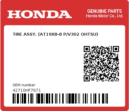 Product image: Honda - 42710HF7671 - TIRE ASSY. (AT19X8-8 P/V302 OHTSU) 