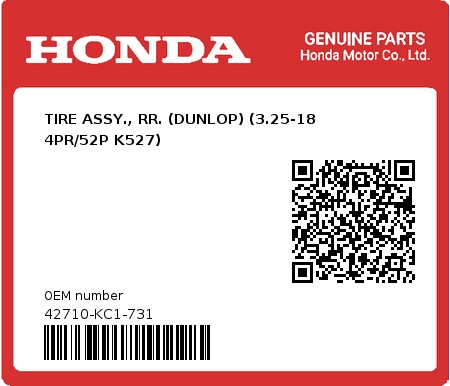 Product image: Honda - 42710-KC1-731 - TIRE ASSY., RR. (DUNLOP) (3.25-18 4PR/52P K527) 